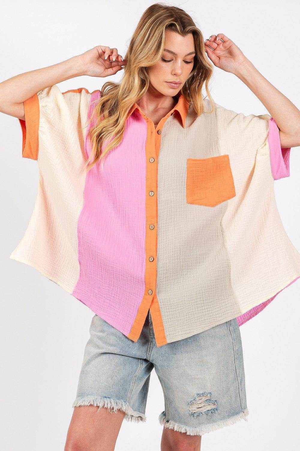 SAGE + FIG Full Size Color Block Button-Down Shirt for Women