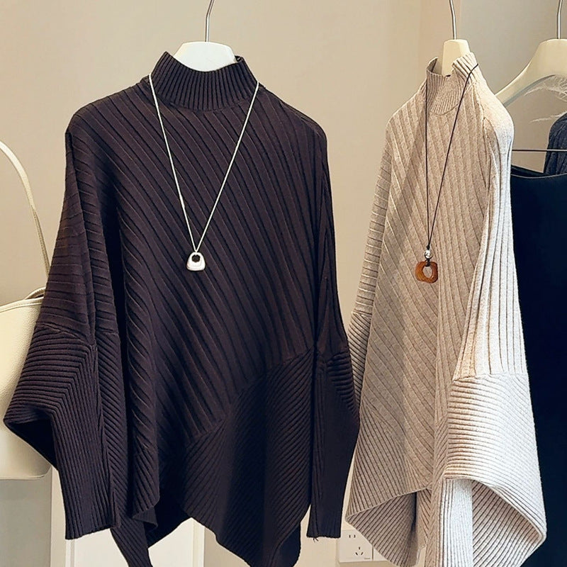 Women's Mock-Neck Batwing Asymmetrical Sweater