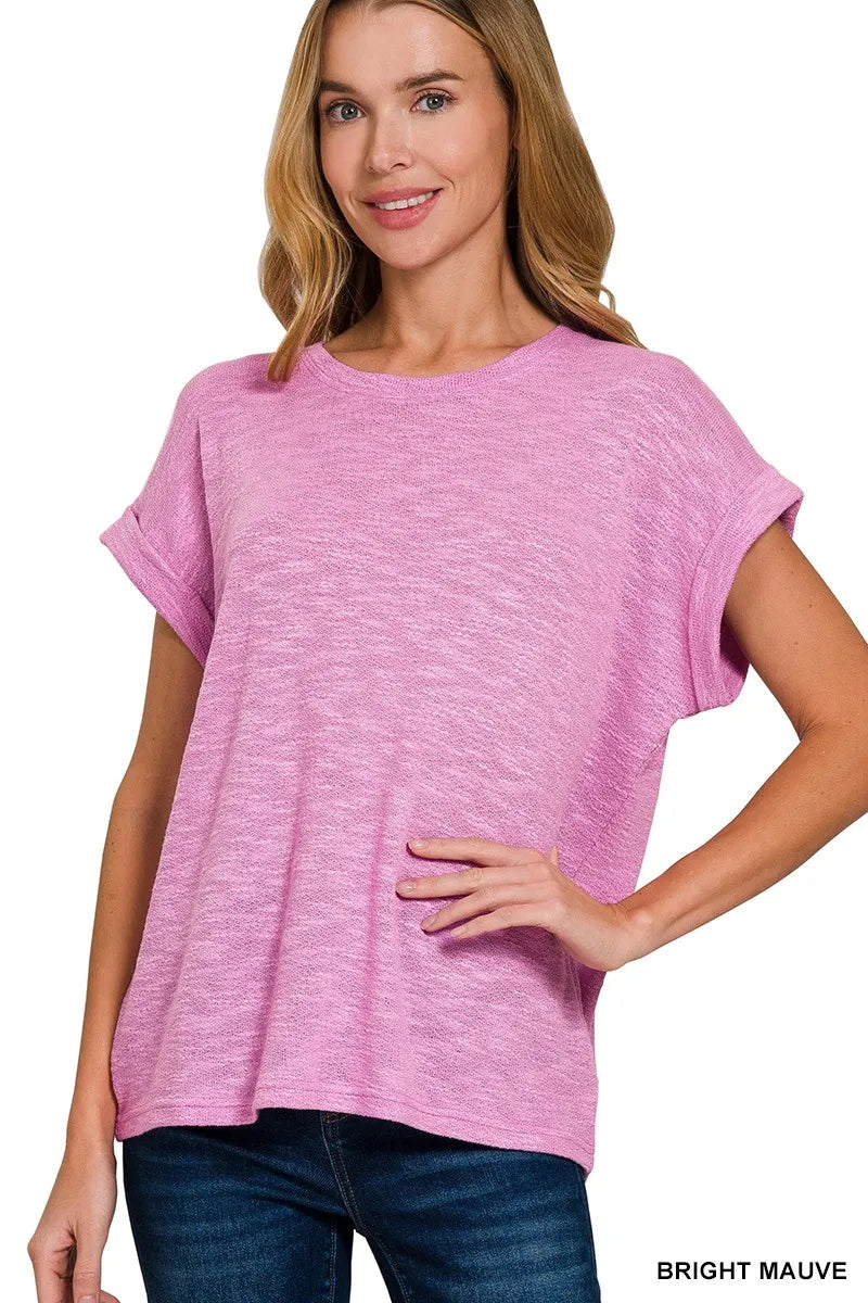 Zenana Hacci Slub Rolled Up Sleeve Tee