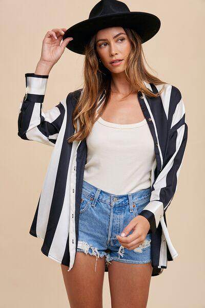 Annie Wear Striped Dropped Shoulder Button Up Shirt for Women