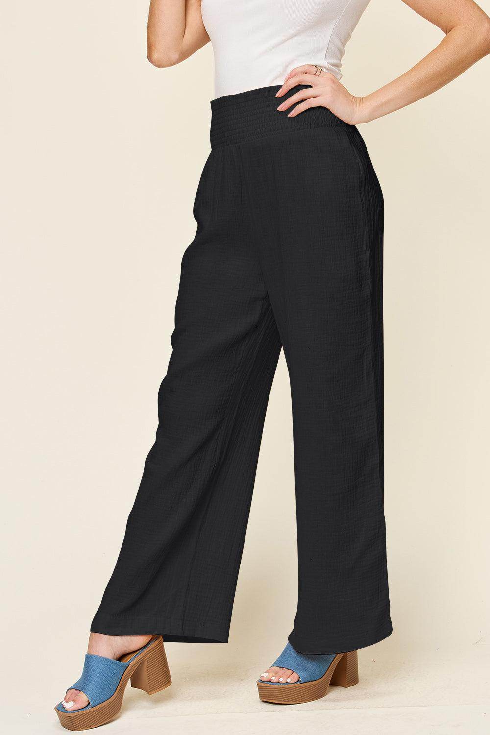 Double Take Full Size Texture Smocked Waist Wide Leg Pants For Women