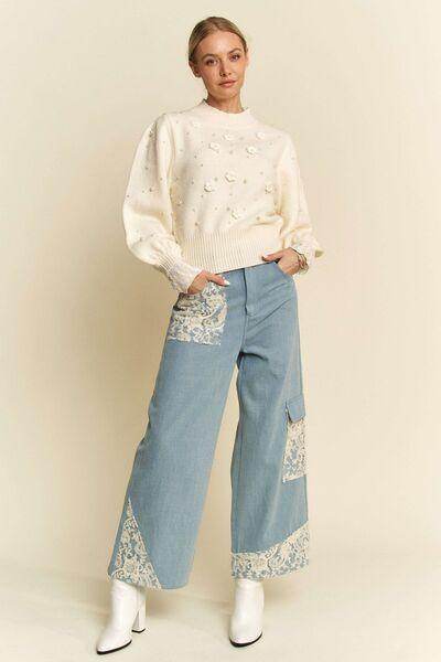 Davi & Dani Lace Applique Wide Leg Jeans for Women