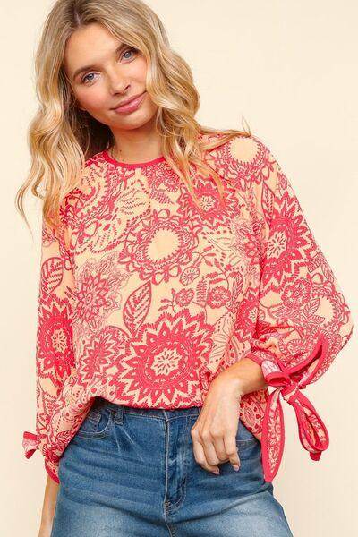 Haptics Ribbon Bow Detail Floral Round Neck Blouse for Women