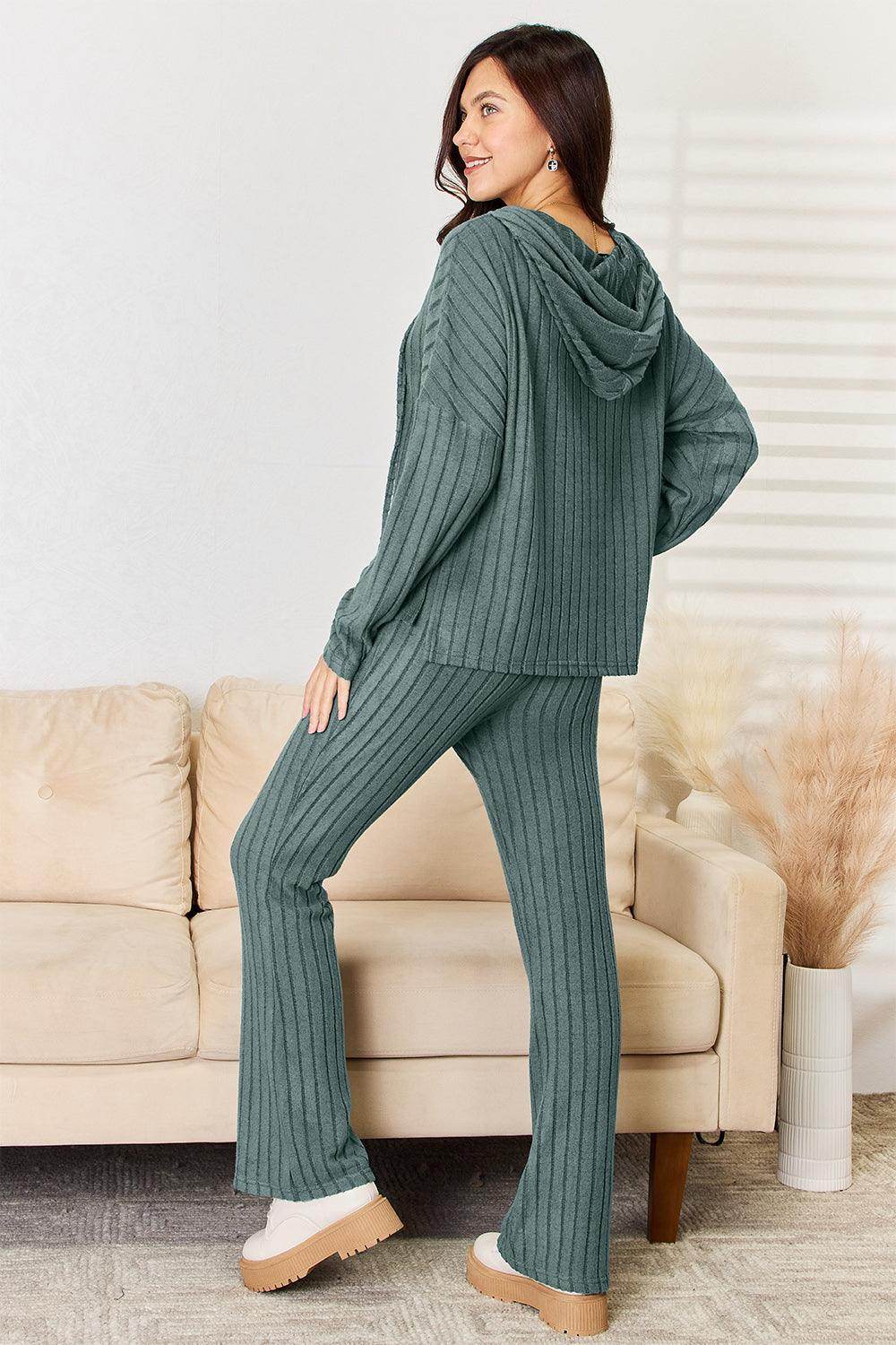 Basic Bae Full Size Ribbed Drawstring Hooded Top Set