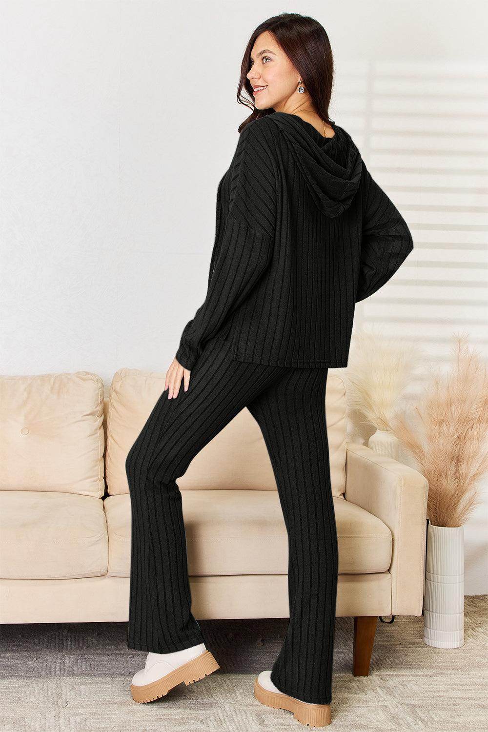 Basic Bae Full Size Ribbed Drawstring Hooded Top Set