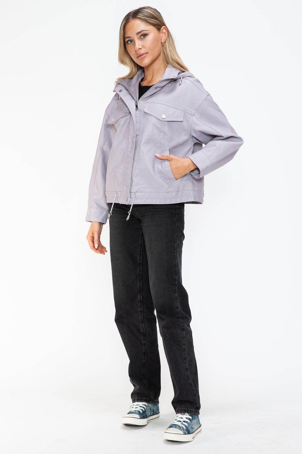 How Dare U Drawstring Hem PU Leather Zip Up Jacket Women