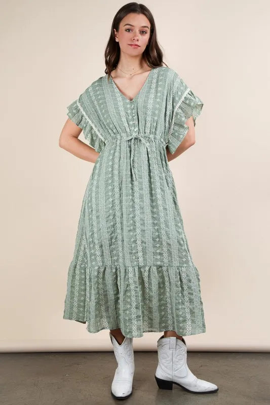 VERY J Embroidered Boho Ruffled Midi Dress
