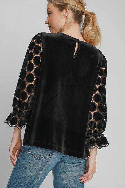 Umgee Polka Dot Lace Long Sleeve Round Neck Blouse Women