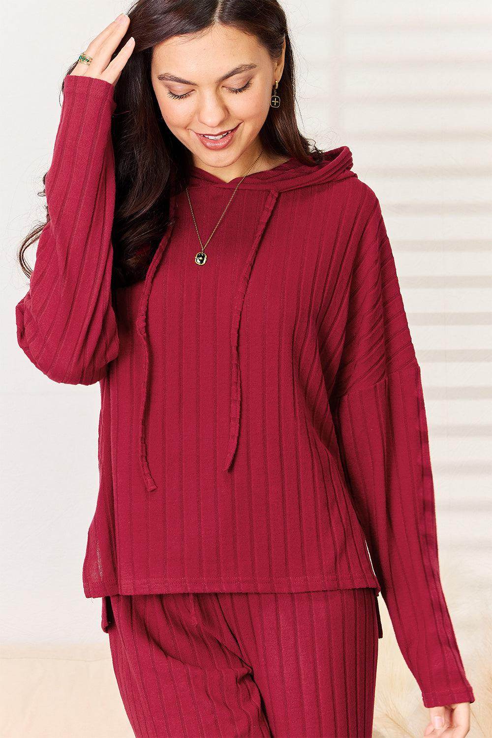 Basic Bae Full Size Ribbed Drawstring Hooded Top Set