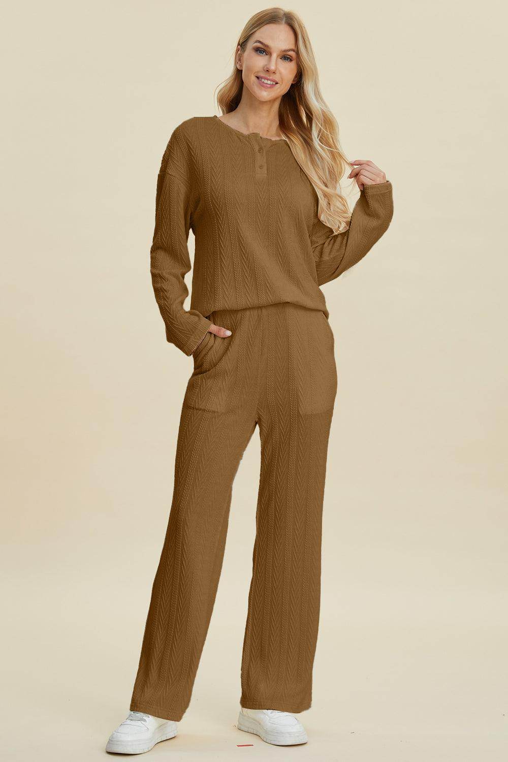 Double Take Full Size Cable-Knit Long Sleeve Top Pants Set