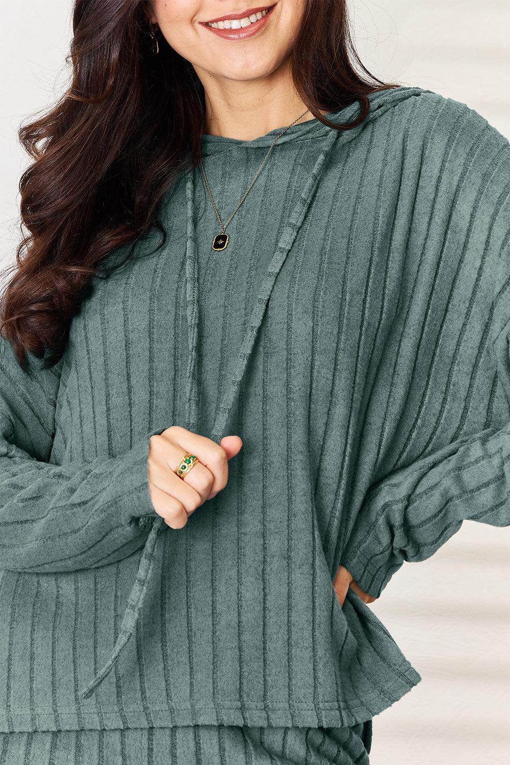 Basic Bae Full Size Ribbed Drawstring Hooded Top Set