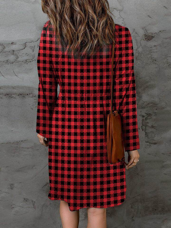 Over Size Plaid Round Neck Long Sleeve Dress For women