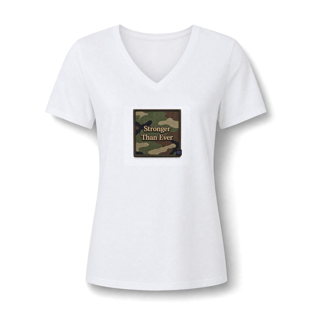 Women's V-Neck Tee — 'Stronger Than Ever' Camo Patch Graphic