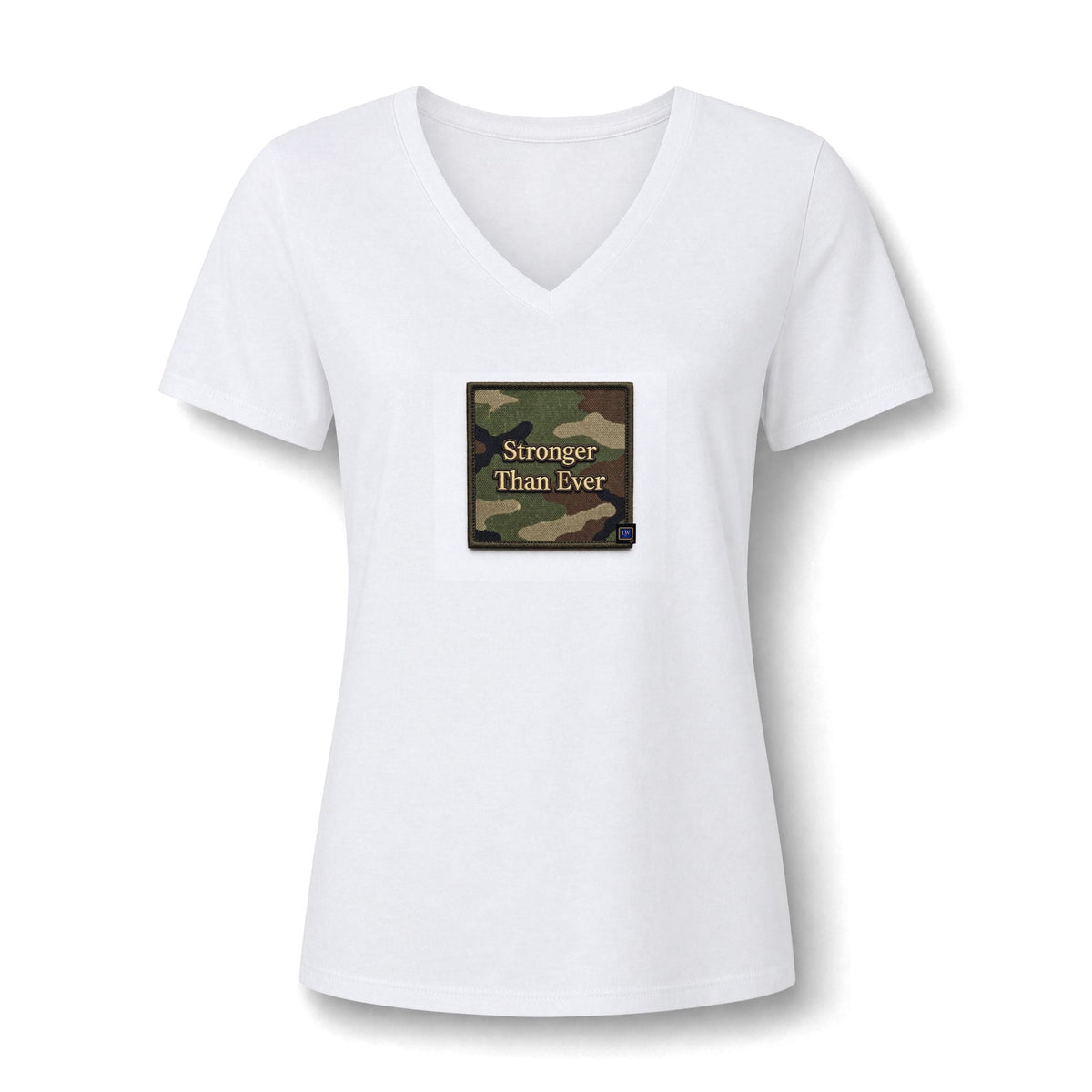 Women's V-Neck Tee — 'Stronger Than Ever' Camo Patch Graphic