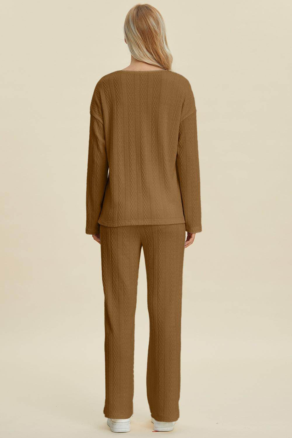 Double Take Full Size Cable-Knit Long Sleeve Top Pants Set