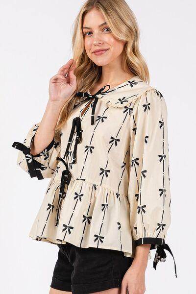 SAGE + FIG Bow Print Tie Front Babydoll Blouse for Women