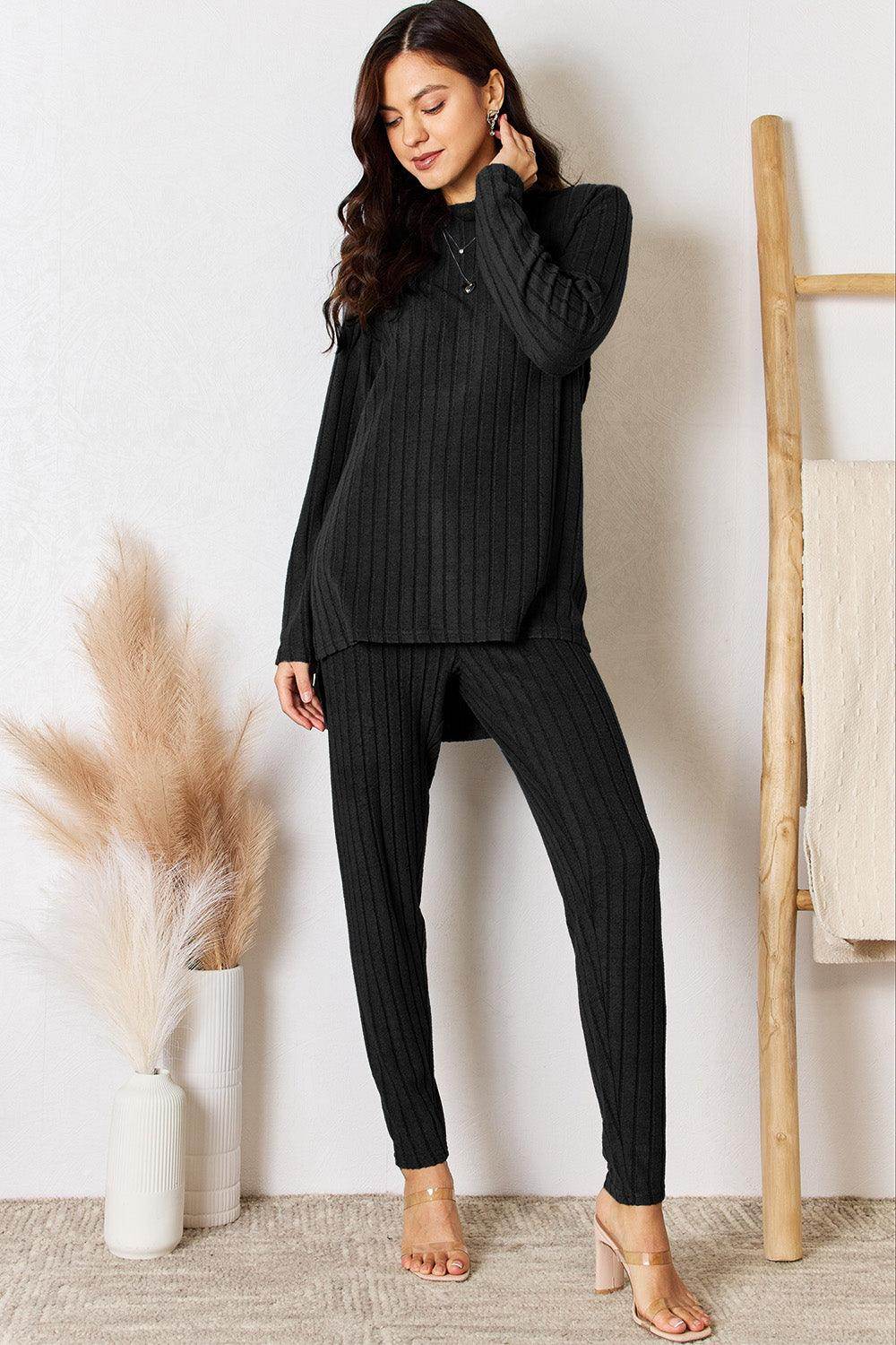 Basic Bae Full Size Ribbed Round Neck High-Low Slit Top Set