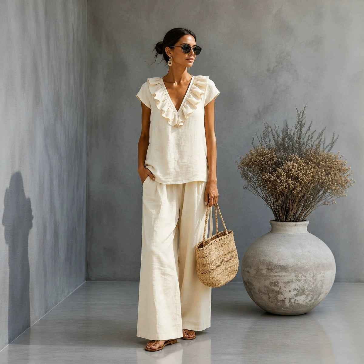 Women's V-Neck Ruffled Hem Top & Wide-Leg Pants Two-Piece Set