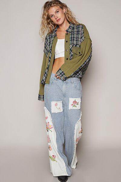 POL Plaid Button Down Shirt with Chest Pockets for Women