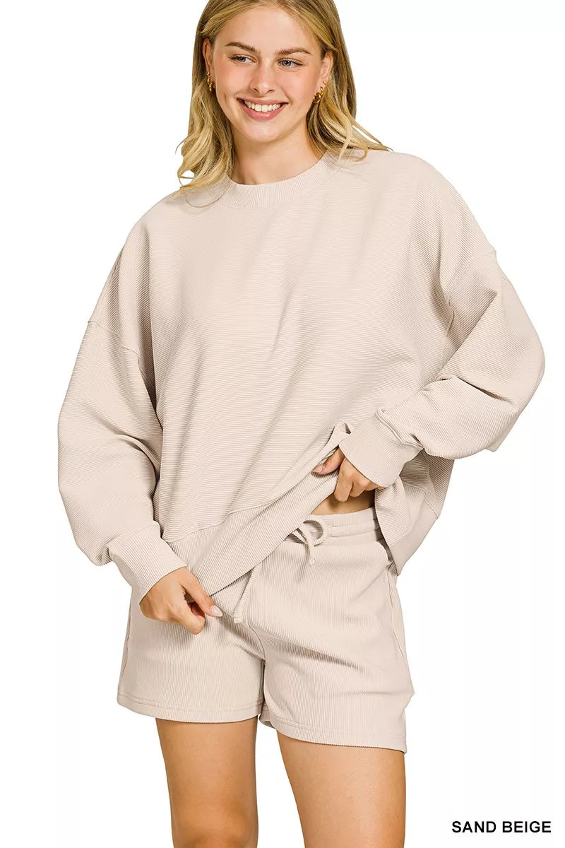 Zenana Ribbed Round Neck Pullover and Shorts Set