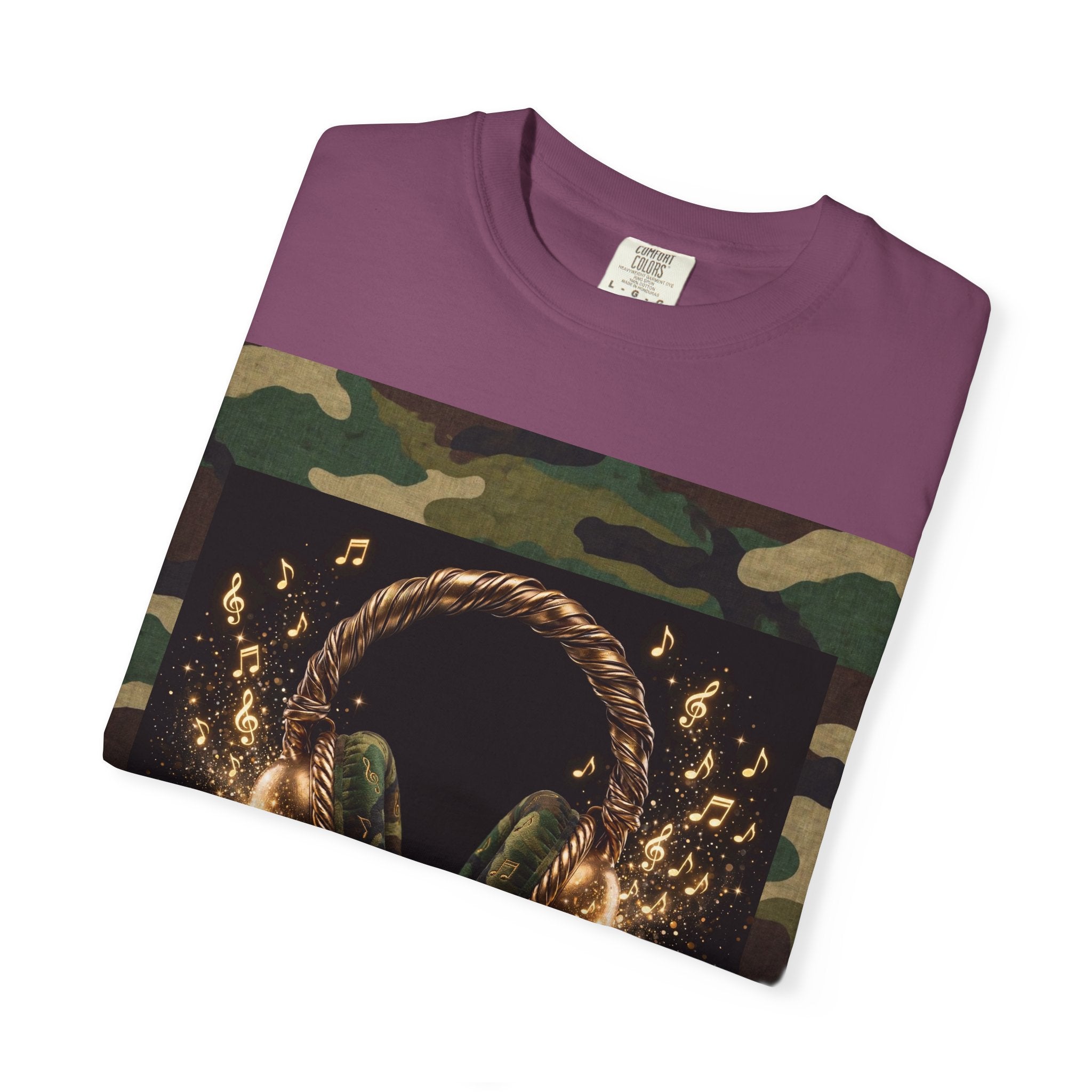 Camo Headphones Tee — Gold Spark DJ Music Graphic T-Shirt