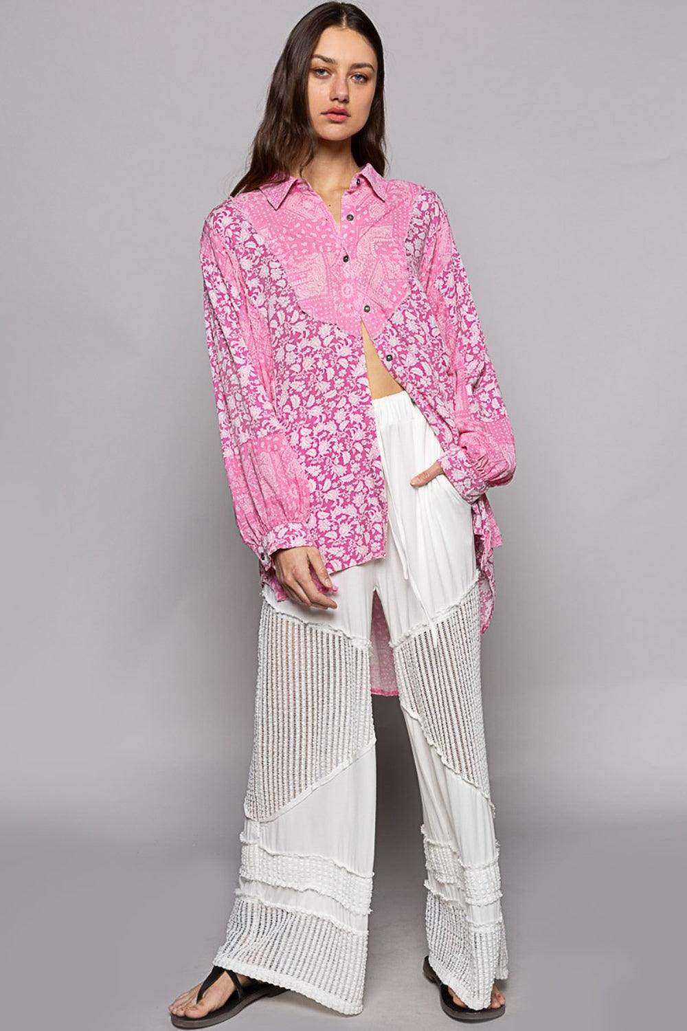 POL Button Down Long Sleeve Paisley Print Shirt for Women