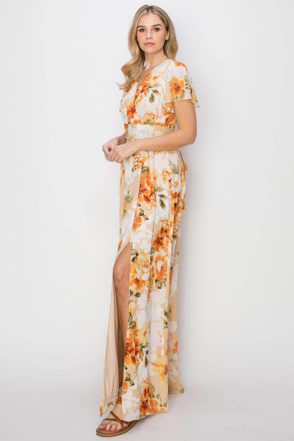 HYFVE Floral Tie Back Short Sleeve Slit Maxi Dress for Women