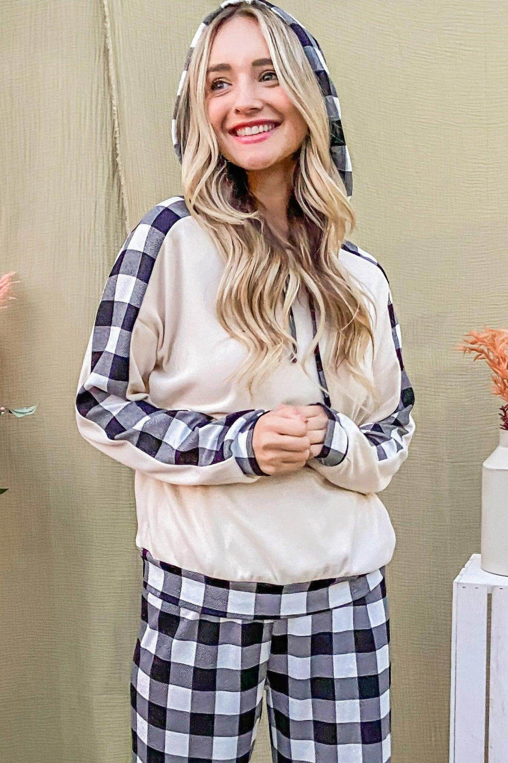 And The Why Drawstring Hooded Top and Plaid Pants Set