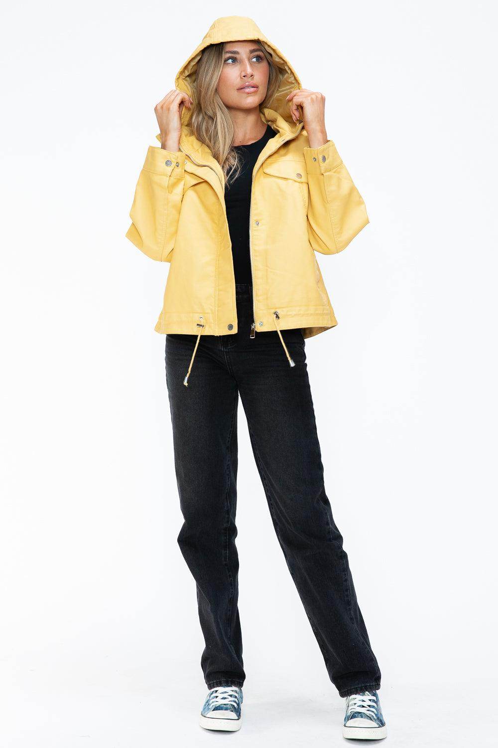 How Dare U Drawstring Hem PU Leather Zip Up Jacket for Women