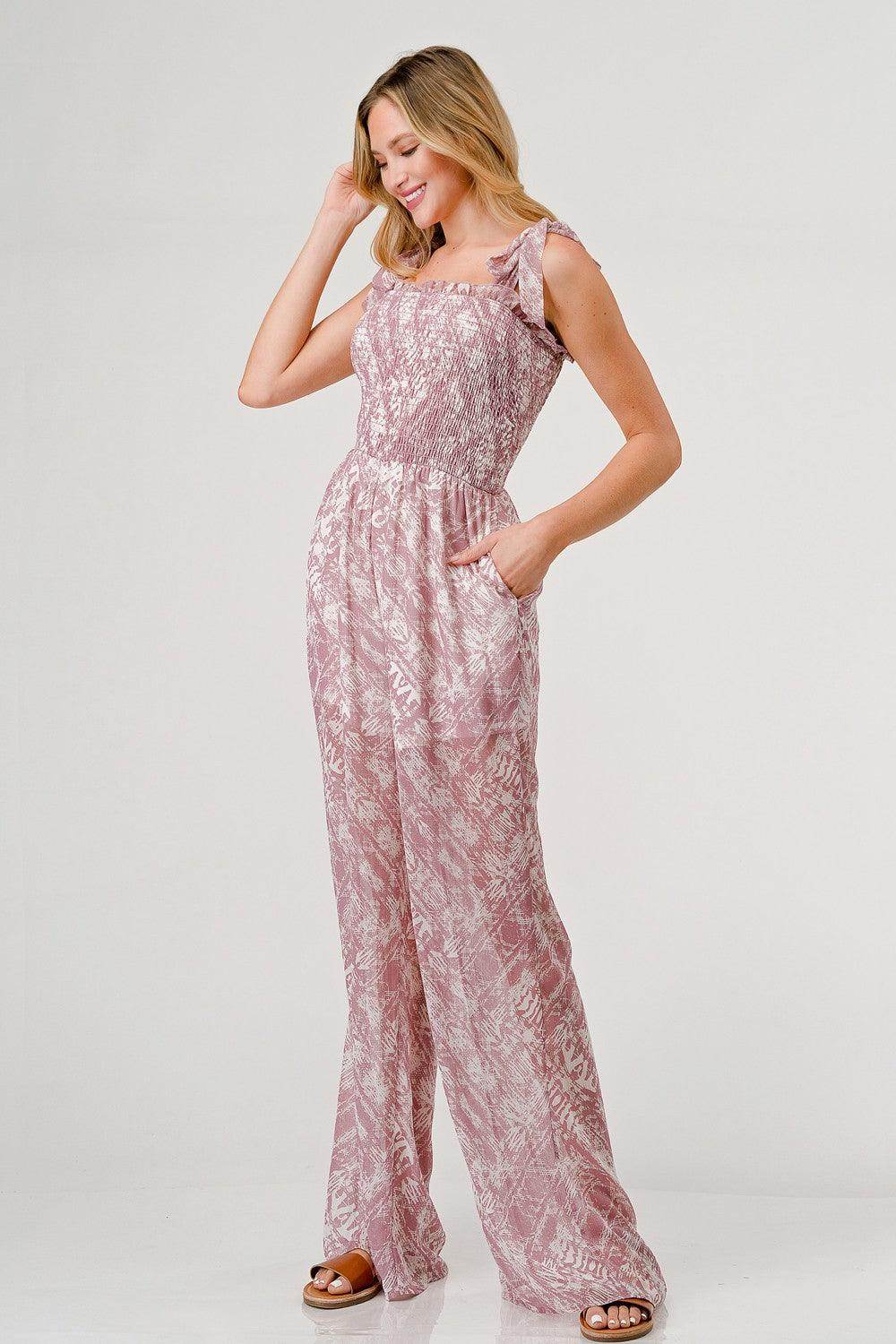 GeeGee Printed Tie Shoulder Wide Leg Jumpsuit for Women