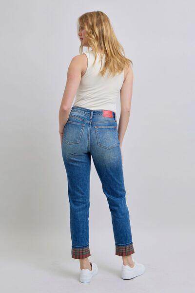 Judy Blue Full Size Plaid Print Cuff Straight Leg Jeans