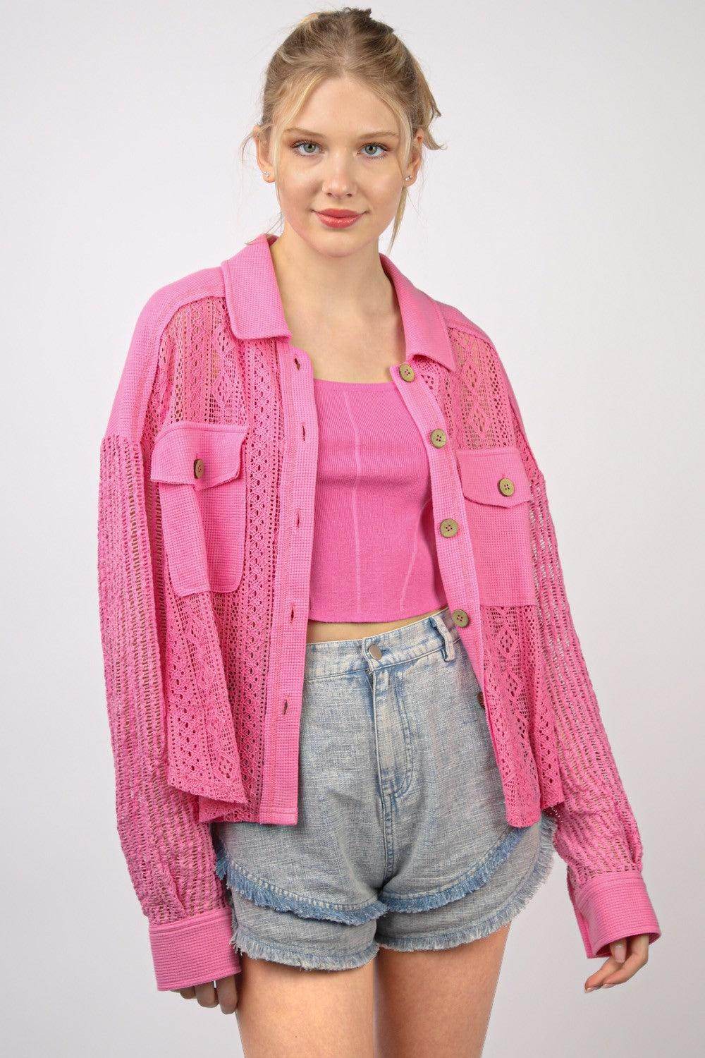 Very J Button Up Long Sleeve Lace Shirt for Women