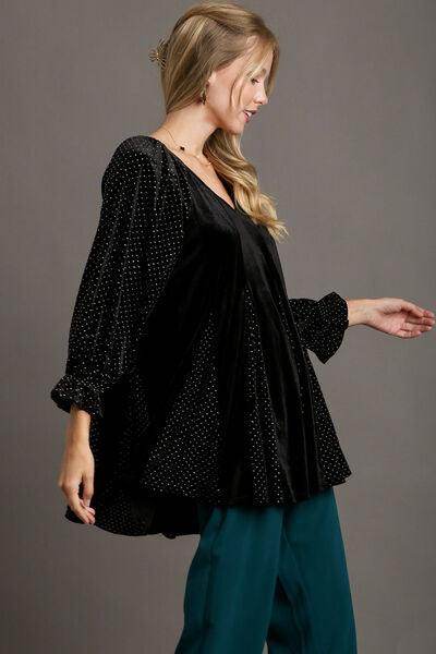 Umgee Godet Hem Polka Dot V-Neck Blouse for Women