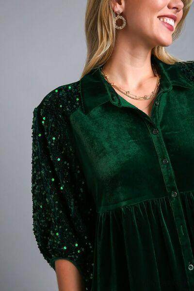 Umgee Sequin Detail Tiered Back Half Sleeve Shirt for Women