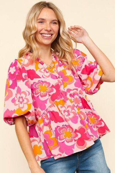 Haptics Full Size Frill Floral Puff Sleeve Blouse Chic