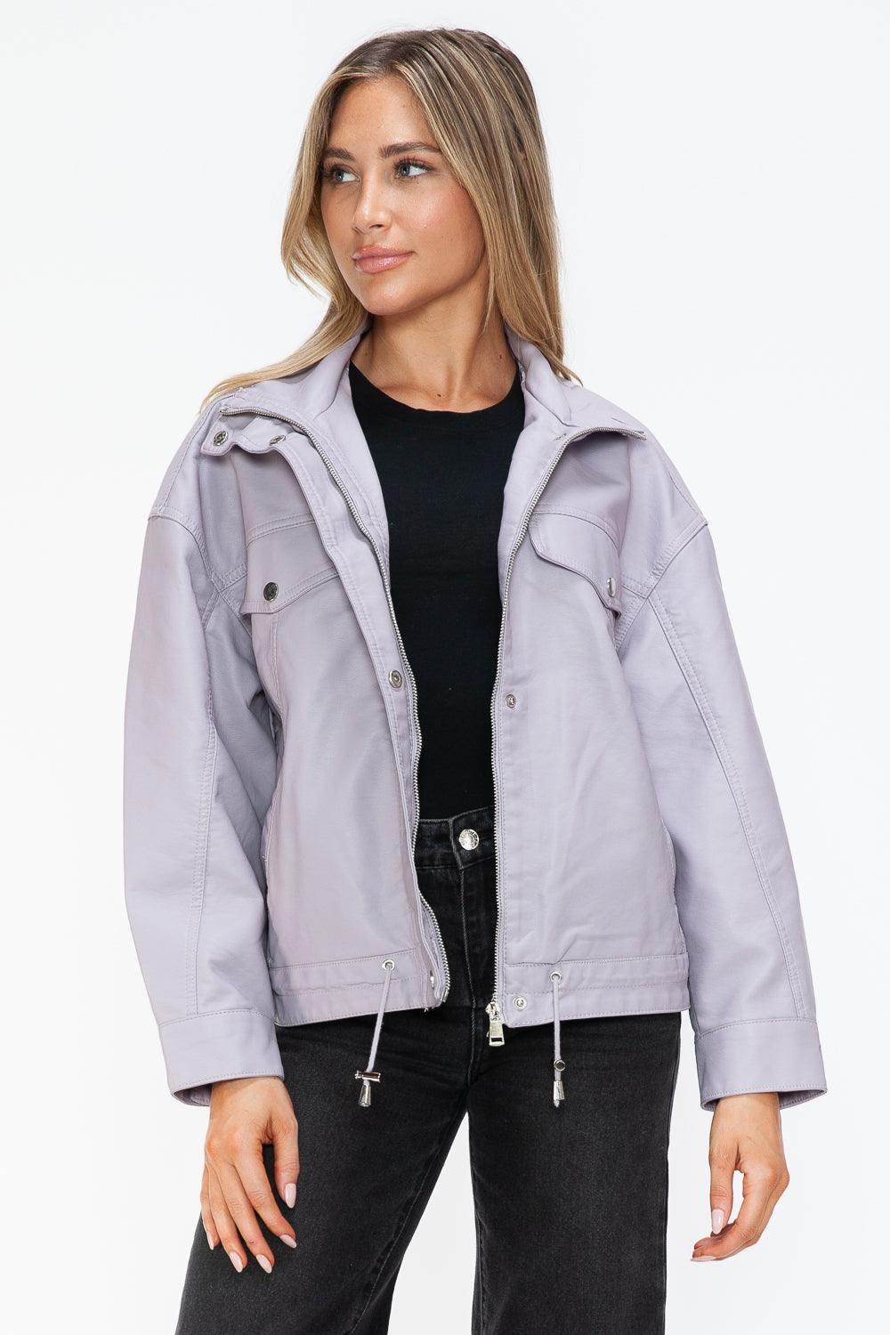 How Dare U Drawstring Hem PU Leather Zip Up Jacket Women