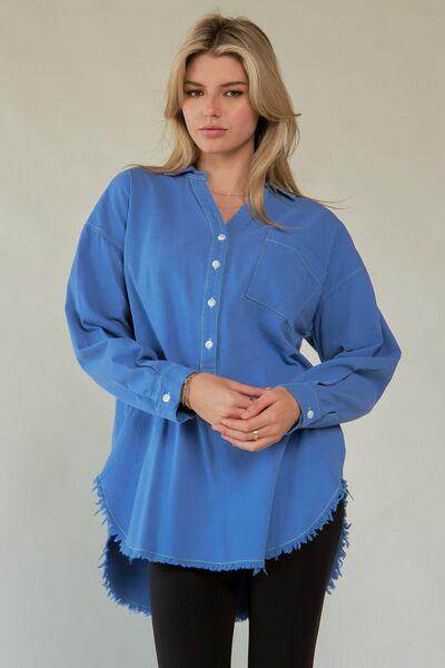 Davi & Dani Letter Back Raw Hem Half Button Shirt Chic
