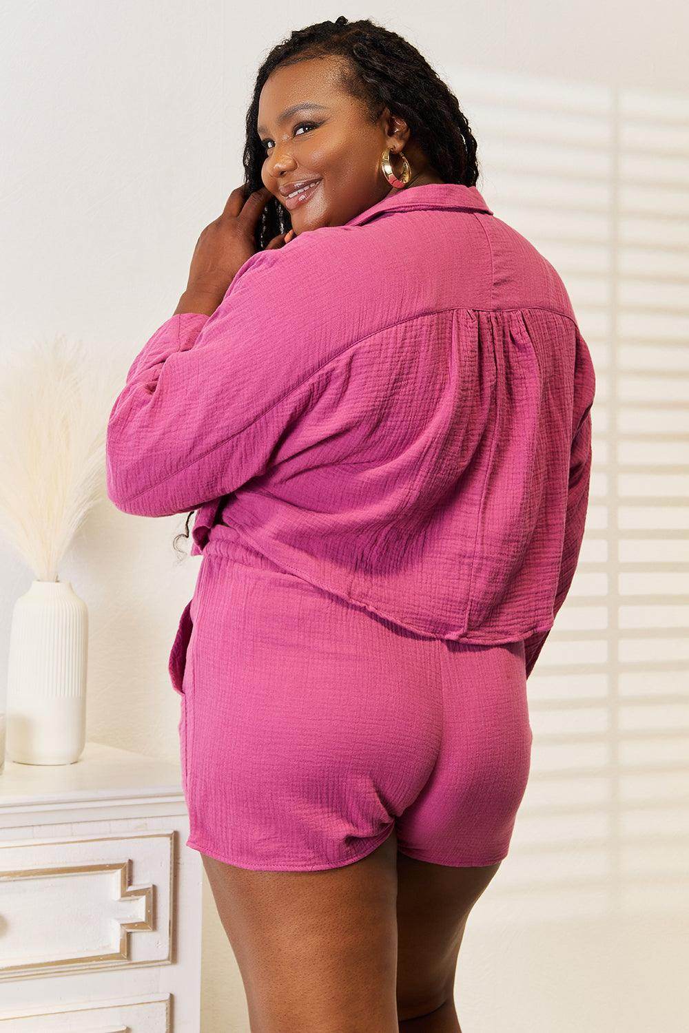 Basic Bae Buttoned Long Sleeve Top and Shorts Set for Summer