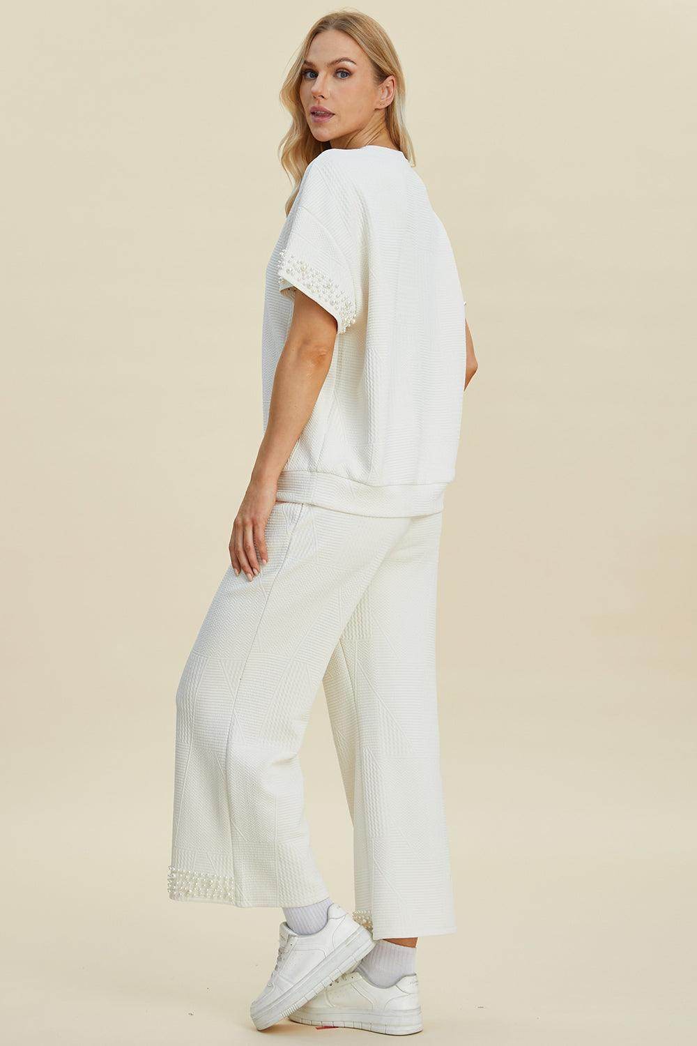 Double Take Full Size Pearl Detail Round Neck Top Pants Set