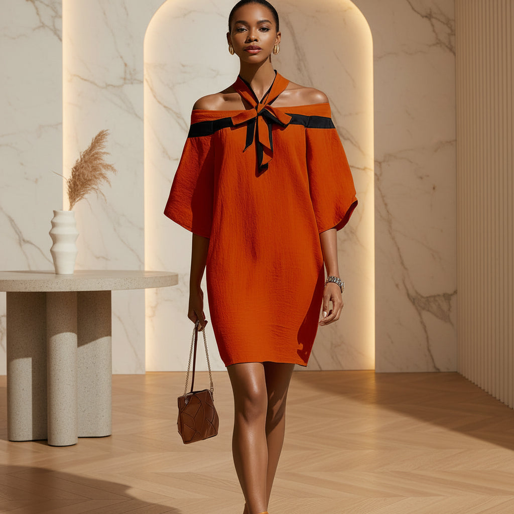 One Shoulder Bow Collar A-Line Dress – Short Sleeve Mini
