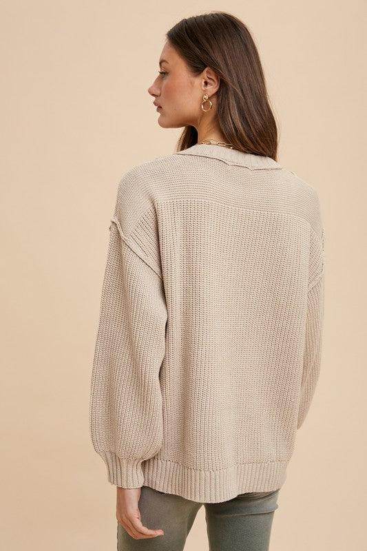 Annie Wear Half Button Ribbed Hem Sweater for Women