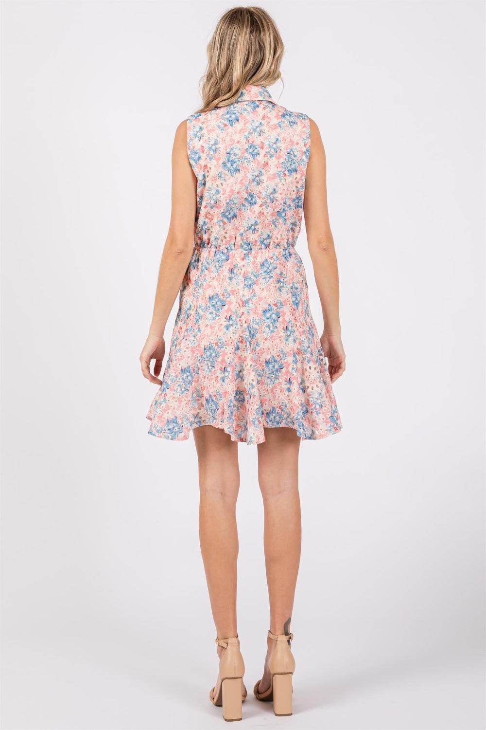 GeeGee Full Size Floral Eyelet Sleeveless Mini Dress for Summer