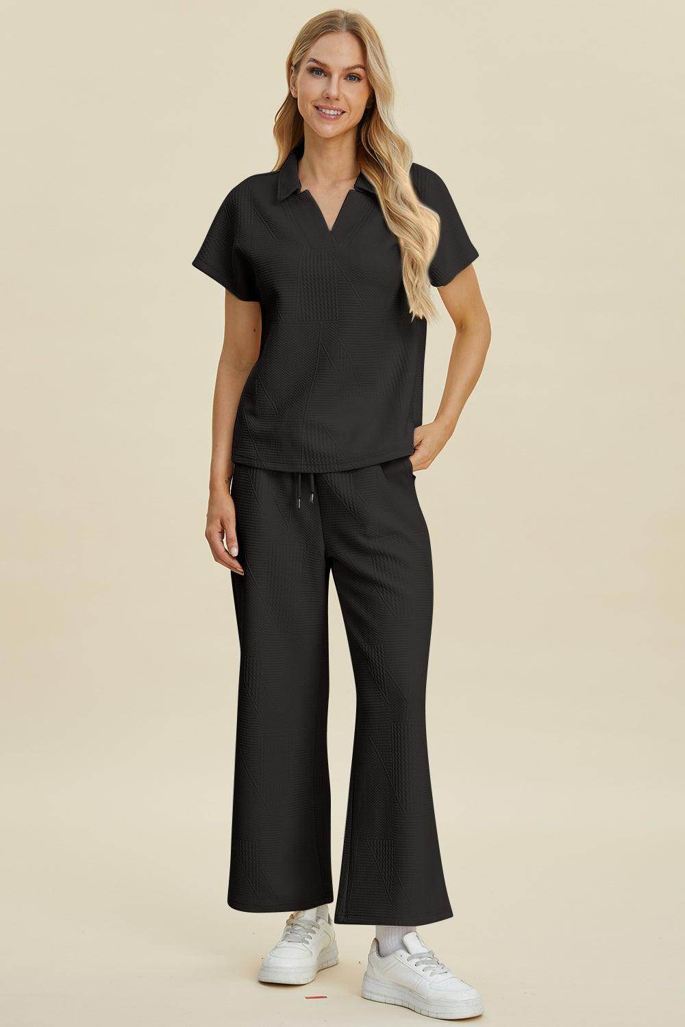 Double Take Full Size Collared Neck Short Sleeve Top Set