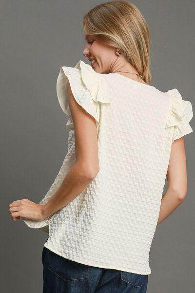 Umgee Full Size Textured Jacquard V-Neck Ruffle Blouse