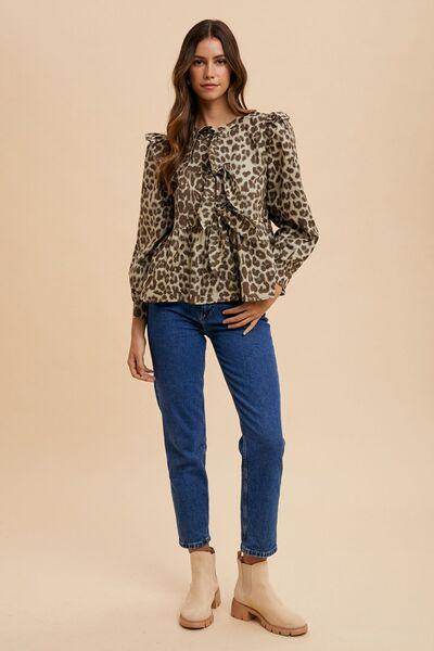 Annie Wear Tied Leopard Round Neck Peplum Blouse for Women