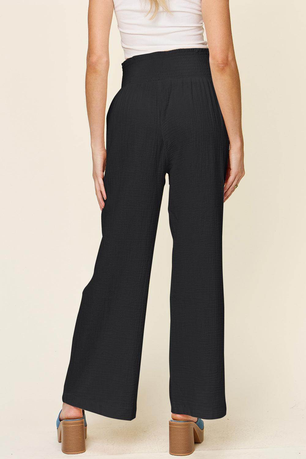 Double Take Full Size Texture Smocked Waist Wide Leg Pants For Women