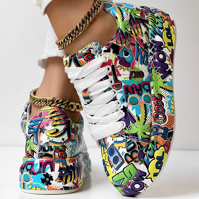 Round-Toe Thick-Sole Lace-Up Sneakers — Women’s Casual Print Shoes