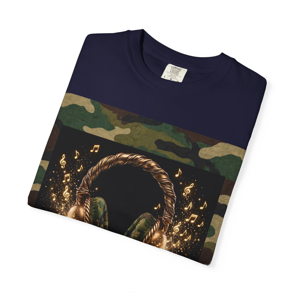 Camo Headphones Tee — Gold Spark DJ Music Graphic T-Shirt