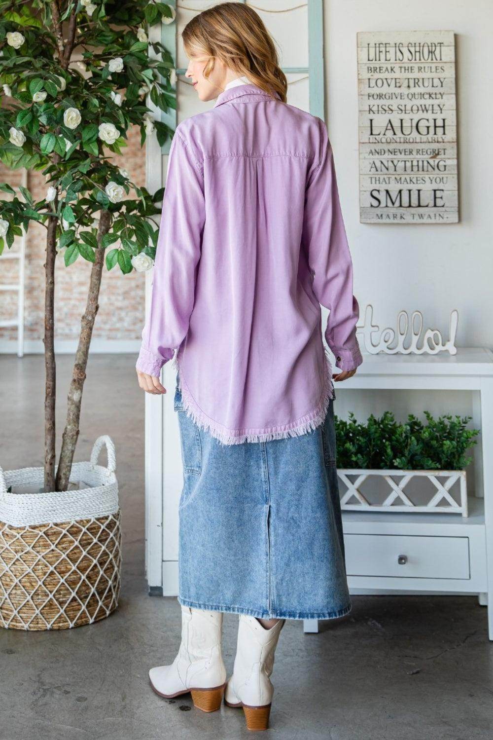 Veveret Raw Hem Button Up Long Sleeve Shirt for Women