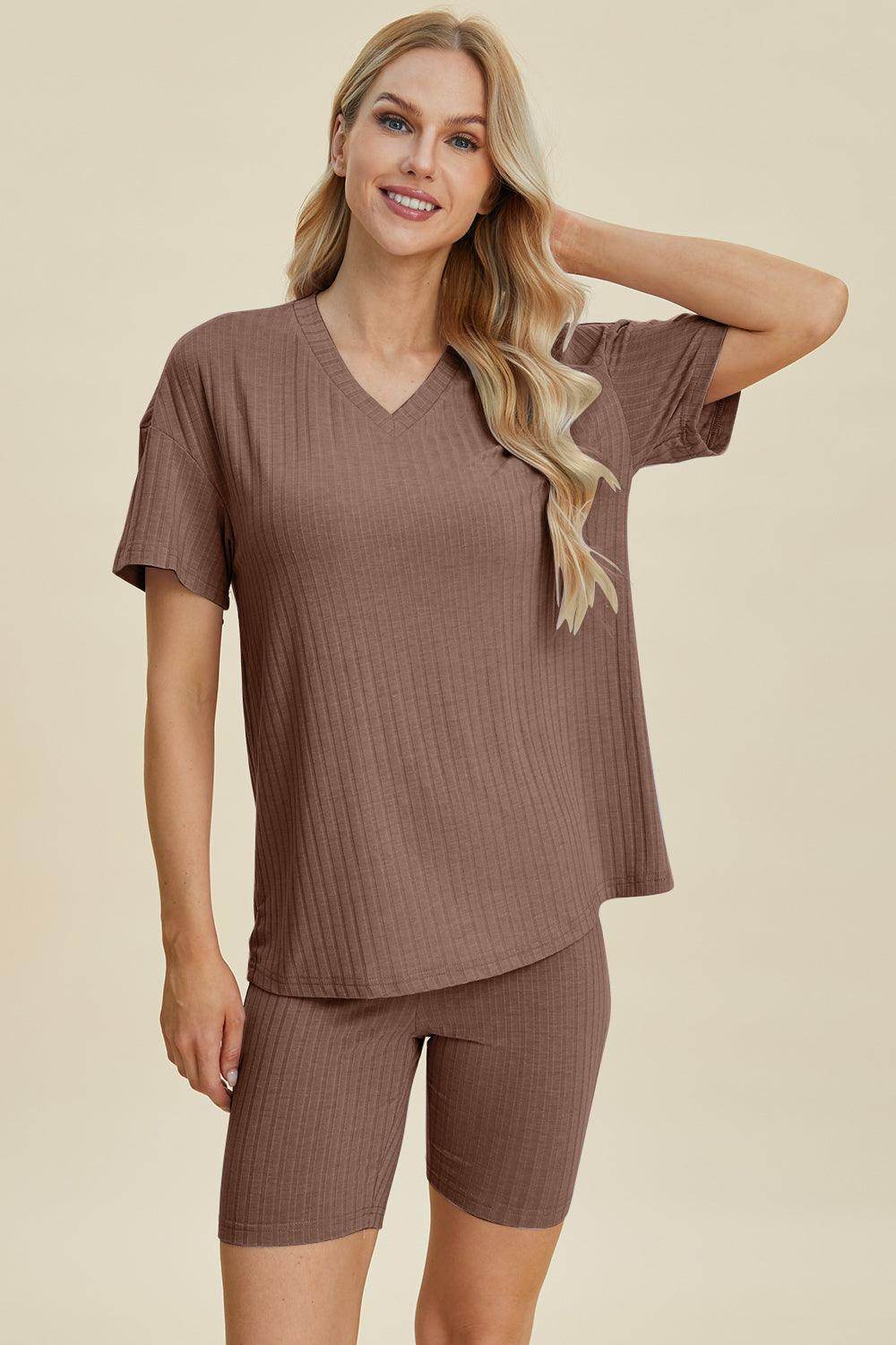 Basic Bae Full Size Ribbed V-Neck Top and Shorts Set For Women